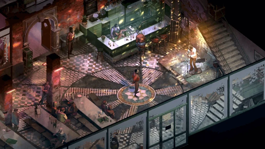 A Disco Elysium screenshot of HDB doing karaoke in Whirling-in-Rags while Kim watches. This image is featured in a conversation of a group of gamers reflecting on playing Disco Elysium.