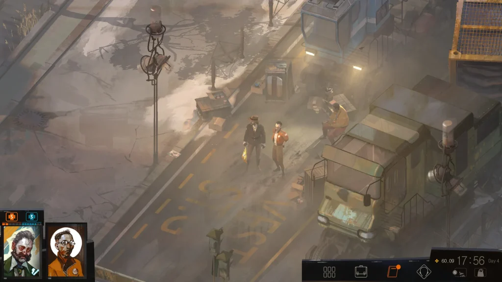 A Disco Elysium showing HDB and Kim walking on a misty street near the truckers. This image is featured in a conversation of a group of gamers reflecting on playing Disco Elysium.