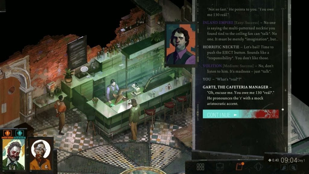 A Disco Elysium screenshot showing HDB talking to Garte in Whirling-in-Rags while the Horrific Necktie weighs in. This image is featured in a conversation of a group of gamers reflecting on playing Disco Elysium.