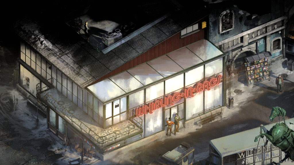 A Disco Elysium screenshot showing Kim and HDB standing outside Whirling-in-Rags hotel in Revachol. This image is featured in a conversation of a group of gamers reflecting on playing Disco Elysium.