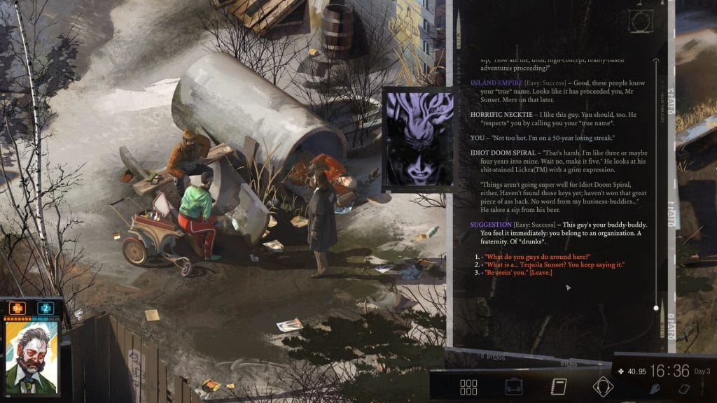 A Disco Elysium screenshot showing a conversation of options with Suggestion of people talking in a waste dump. This image is featured in a conversation of a group of gamers reflecting on playing Disco Elysium.