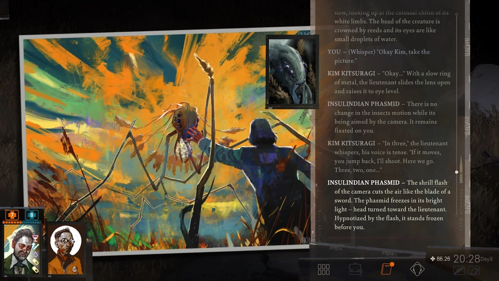 A Disco Elysium screenshot showing Kim taking a photo of HDB with the Insulindian Phasmid. This image is featured in a conversation of a group of gamers reflecting on playing Disco Elysium.