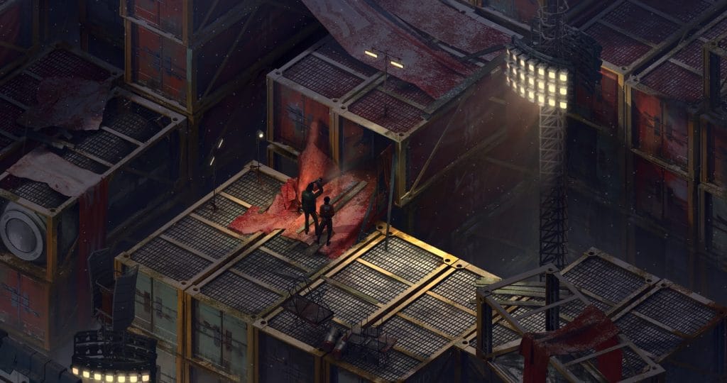 A Disco Elysium screenshot showing Kim and HDB investigating a shipping container in the dark. This image is featured in a conversation of a group of gamers reflecting on playing Disco Elysium.