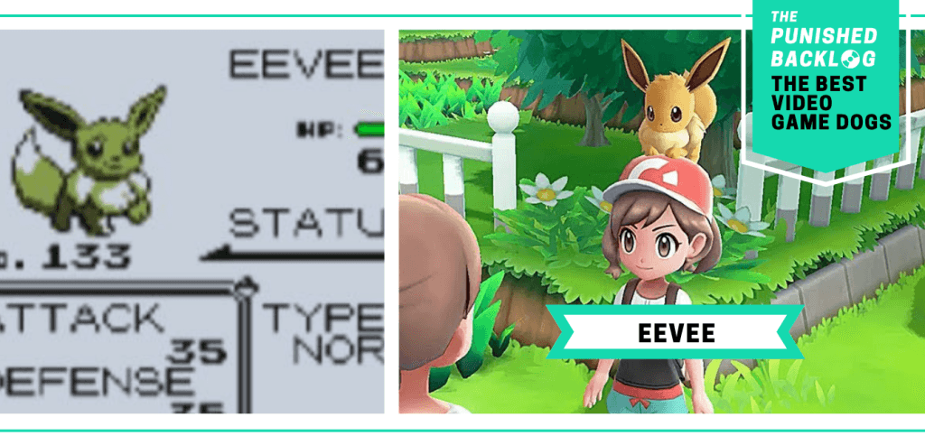 The Best Video Game Dogs: Eevee from Pokemon. This composite graphic that shows two screenshots of Eevee -- first from its original appearance in Pokemon Blue and then sitting on the hat of a female trainer in Pokemon Let's Go Eevee. In the upper right corner, there is a teal banner with the logo for The Punished Backlog and text that shares the list title "The Best Video Game Dogs."