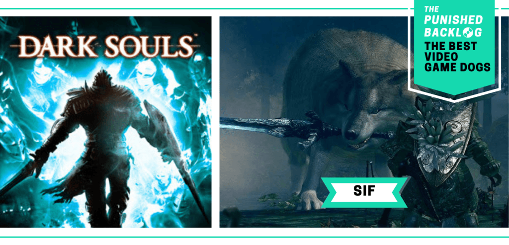 The Best Video Game Dogs: Sif, the Great Grey Wolf from Dark Souls. This composite graphic shows the cover art of the game and a screenshot of Great Grey Wolf Sif holding a sword in its mouth to fight the main character. In the upper right corner, there is a teal banner with the logo for The Punished Backlog and text that shares the list title "The Best Video Game Dogs."