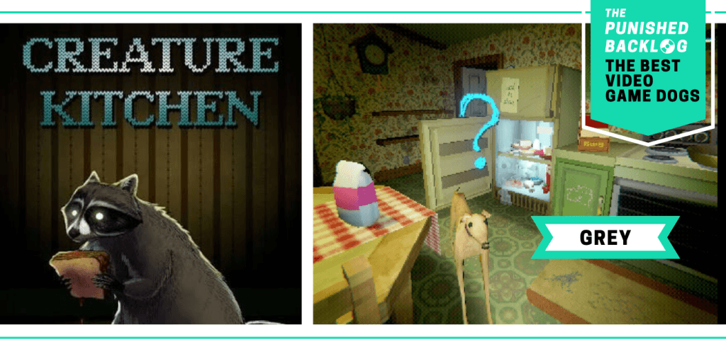 The Best Video Game Dogs: Grey from Creature Kitchen. This composite graphic shows the cover art of the game and a screenshot of a strange ghost dog in a blocky haunted kitchen looking with curiosity at the player. In the upper right corner, there is a teal banner with the logo for The Punished Backlog and text that shares the list title "The Best Video Game Dogs."