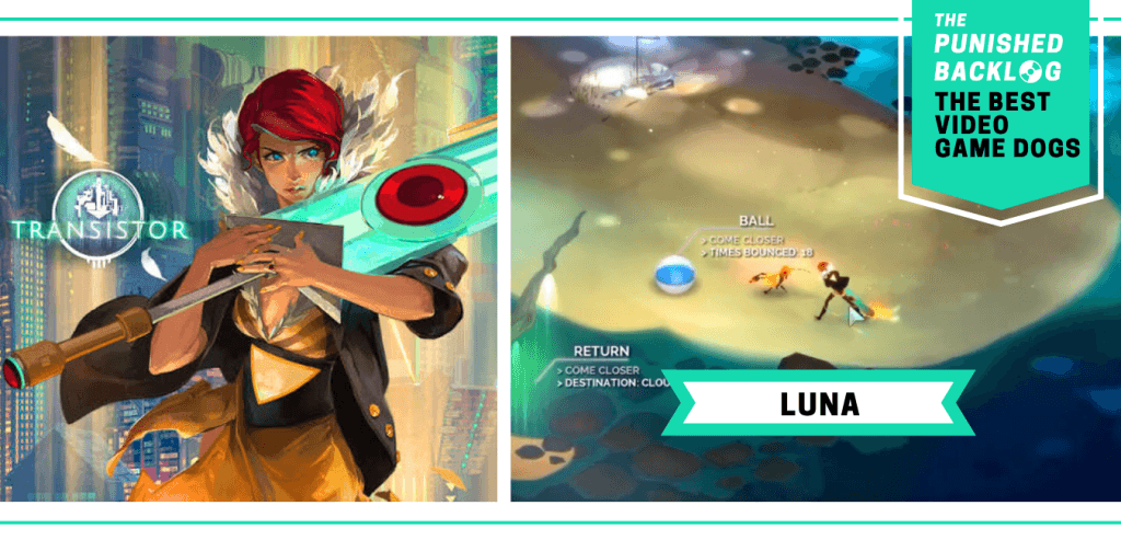The Best Video Game Dogs: Luna from Transistor. This composite graphic shows the cover art of the game and a screenshot of a red-haired woman playing with a beach ball with a small bright orange electronic dog. In the upper right corner, there is a teal banner with the logo for The Punished Backlog and text that shares the list title "The Best Video Game Dogs."