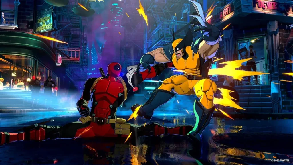Marvel Tokon: Fighting Souls - A screenshot shows Deadpool doing the splits and punching Wolverine.