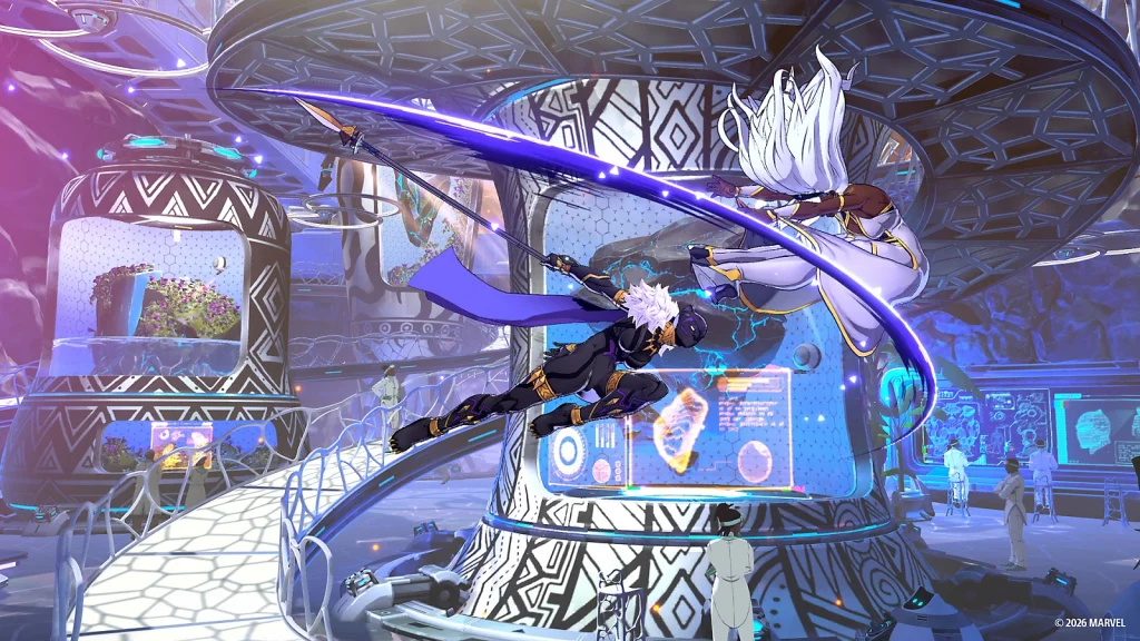 Marvel Tokon: Fighting Souls - A promotional screenshot Black Panther (Shuri) fighting in a Wakanda lab.
