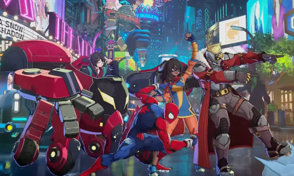 Marvel Tokon: Fighting Souls - A screenshot shows the Amazing Guardian Team with Peni Parker, Spider Man , Ms. Marvel, and Star-Lord.