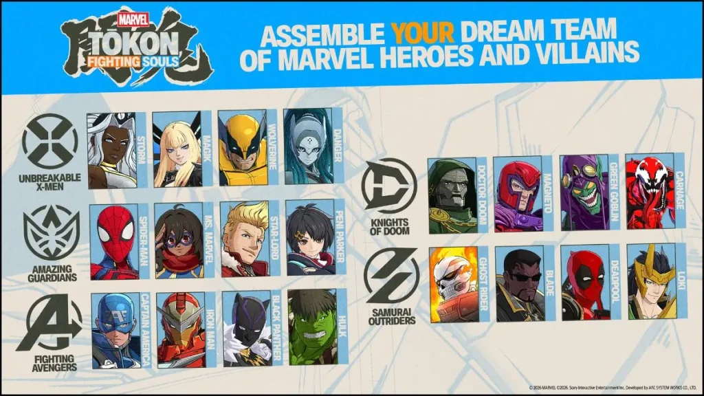 Marvel Tokon: Fighting Souls - A promotional image shows the different sets of pre-made default teams of Marvel superheroes and villains.