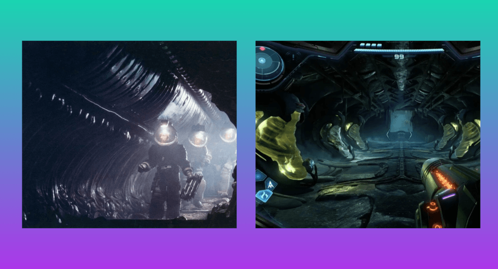 A composite image with screenshots of the 1979 Alien movie directed by Ridley Scott showing characters walking down a dark hall with alien pods and a screenshot from Metroid 4: Beyond of Samus walking down a similar hall. This image is featured in a piece about the Metroid series as a Nintendo Haunted House game franchise at The Punished Backlog, discussing the scary and spooky elements of Metroid.