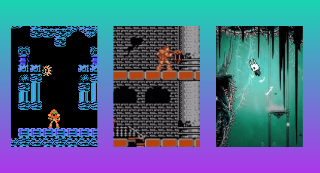 A composite image showing a screenshot of the original Metroid Game, the original Castlevania game, and Hollow Knight, illustrating the evolution of the metroidvania game. This image is featured in a piece about the Metroid series as a Nintendo Haunted House game franchise at The Punished Backlog, discussing the scary and spooky elements of Metroid.