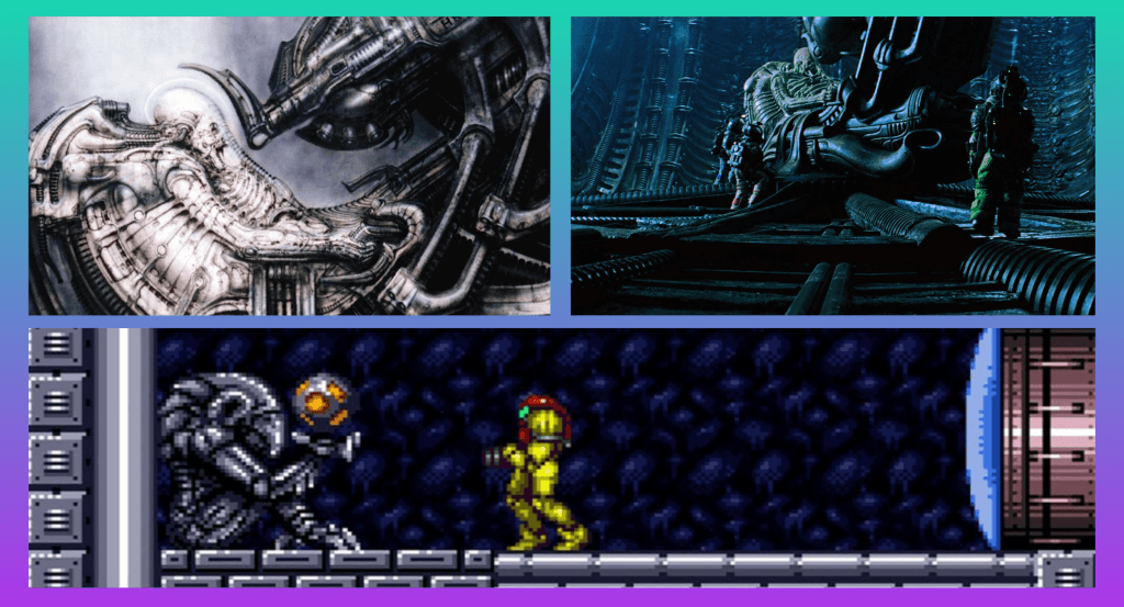 A composite image with screenshots illustrating the influence of H.S. Giger art on the 1979 Alien movie directed by Ridley Scott and Super Metroid 1994, particularly iwth the design of the Chozo. This image is featured in a piece about the Metroid series as a Nintendo Haunted House game franchise at The Punished Backlog, discussing the scary and spooky elements of Metroid.