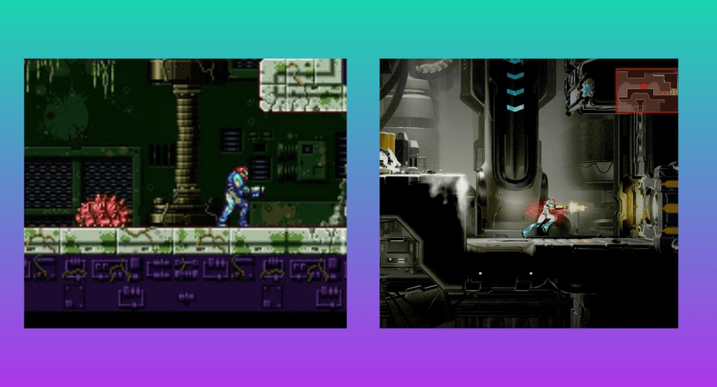 A composite image showing similar levels of Samus exploring dark scary levels in Metroid Fusion and Metroid Dread. This image is featured in a piece about the Metroid series as a Nintendo Haunted House game franchise at The Punished Backlog, discussing the scary and spooky elements of Metroid.