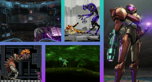 A composite image with screenshots from various Metroid games showing Samus fighting aliens and exploring dark scary spaces. This image is featured in a piece about the Metroid series as a Nintendo Haunted House game franchise at The Punished Backlog, discussing the scary and spooky elements of Metroid.