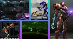 A composite image with screenshots from various Metroid games showing Samus fighting aliens and exploring dark scary spaces. This image is featured in a piece about the Metroid series as a Nintendo Haunted House game franchise at The Punished Backlog, discussing the scary and spooky elements of Metroid.
