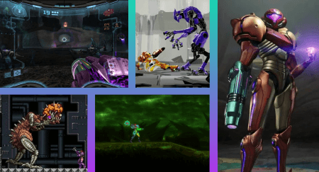 A composite image with screenshots from various Metroid games showing Samus fighting aliens and exploring dark scary spaces. This image is featured in a piece about the Metroid series as a Nintendo Haunted House game franchise at The Punished Backlog, discussing the scary and spooky elements of Metroid.