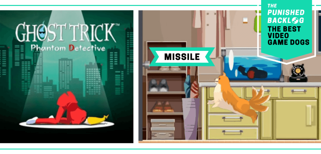 The Best Video Game Dogs: Missile from Ghost Trick. This composite graphic shows the cover art of the game and a screenshot of a bright orange Pomeranian jumping in a colorful apartment. In the upper right corner, there is a teal banner with the logo for The Punished Backlog and text that shares the list title "The Best Video Game Dogs."