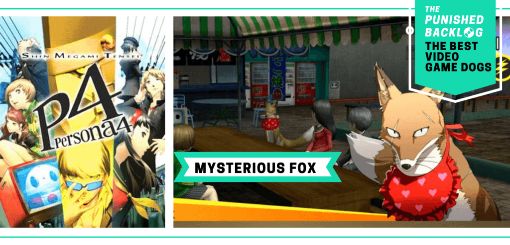 The Best Video Game Dogs: Mysterious Fox from Shin Megami Tensei Persona 4. This composite graphic shows the cover art of the game and a screenshot of a fox with scars and a colorful handkerchief around its neck. In the upper right corner, there is a teal banner with the logo for The Punished Backlog and text that shares the list title "The Best Video Game Dogs."