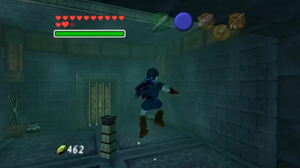 The Legend of Zelda: Ocarina of Time - Link floating in the water in the Water Temple near a locked door and an unlit torch