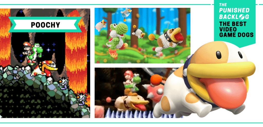 The Best Video Game Dogs: Poochy from Nintendo's Yoshi Games. This composite graphic shows the evolution of Poochy in multiple video games including from Super Mario World 2: Yoshi's Island, Poochy and Yoshi's Wooly World, and Yoshi's New Island 2. In the upper right corner, there is a teal banner with the logo for The Punished Backlog and text that shares the list title "The Best Video Game Dogs."