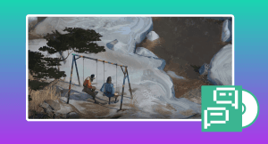 A graphic showing a Disco Elysium screenshot of HDB and Kim sitting on swings together on an ice cap. This image is featured in a conversation of a group of gamers reflecting on playing Disco Elysium. There is a teal to purple background gradient along with an 8-bit style icon of a chat icon in the bottom right corner.