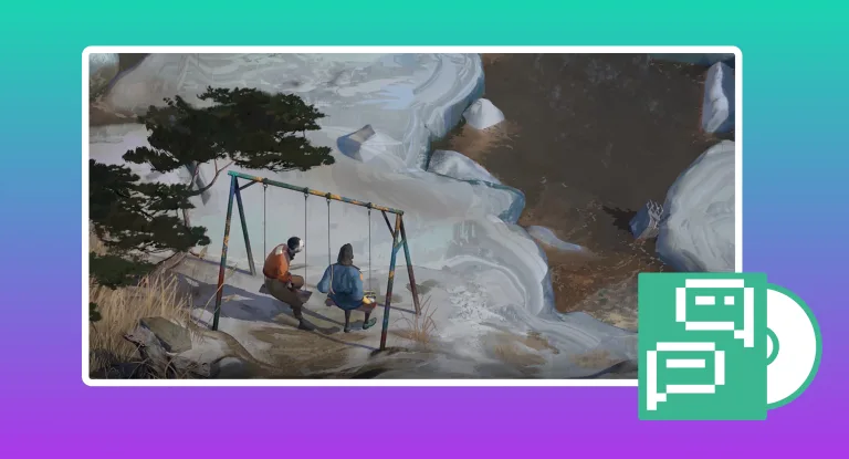 A graphic showing a Disco Elysium screenshot of HDB and Kim sitting on swings together on an ice cap. This image is featured in a conversation of a group of gamers reflecting on playing Disco Elysium. There is a teal to purple background gradient along with an 8-bit style icon of a chat icon in the bottom right corner.