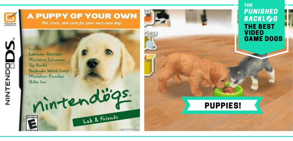 The Best Video Game Dogs: Puppies from Nintendogs. This composite graphic shows the cover art of the Lab & Friends version of the game and a screenshot of a lab puppy and a husky puppy eating from a bowl together. In the upper right corner, there is a teal banner with the logo for The Punished Backlog and text that shares the list title "The Best Video Game Dogs."