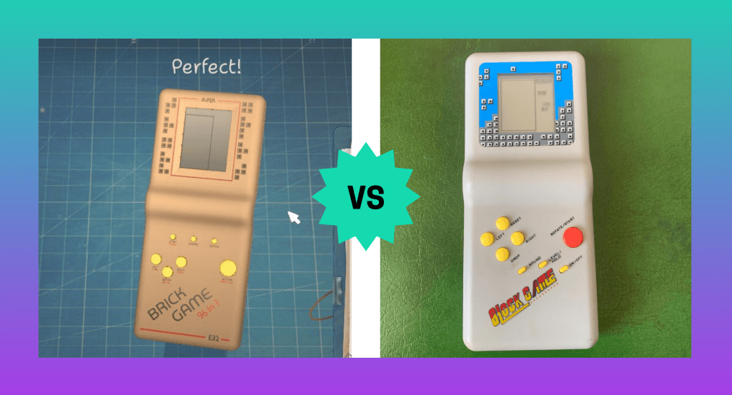 A composite image showing a screenshot of the "Brick Game" in ReStory: Chill Electronics Repair with a real photo of the original "Block Game" which is a Tetris-like device from the 1990s. This is in a game diary about if ReStory is a good cozy game.