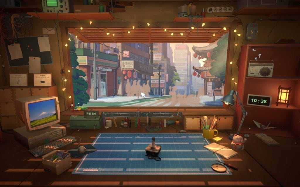 ReStory Is a Great Chill Game for Fans of PowerWash Simulator A screenshot of ReStory: Chill Electronics Repair showing the repair desk with an Atari joystick on it and the Tokyo streets beyond. This is in a game diary about if ReStory is a good cozy game.