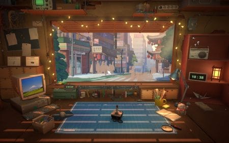 A screenshot of ReStory: Chill Electronics Repair showing the repair desk with an Atari joystick on it and the Tokyo streets beyond. This is in a game diary about if ReStory is a good cozy game.