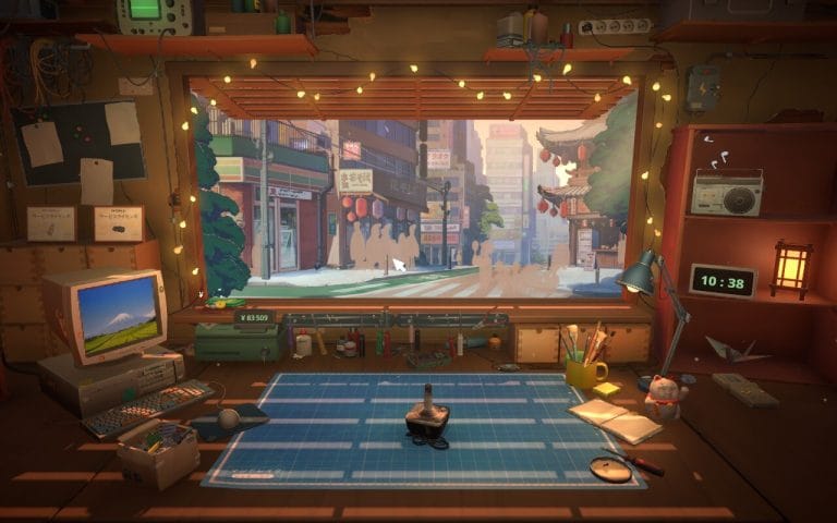 ReStory Is a Great Chill Game for Fans of PowerWash Simulator A screenshot of ReStory: Chill Electronics Repair showing the repair desk with an Atari joystick on it and the Tokyo streets beyond. This is in a game diary about if ReStory is a good cozy game.