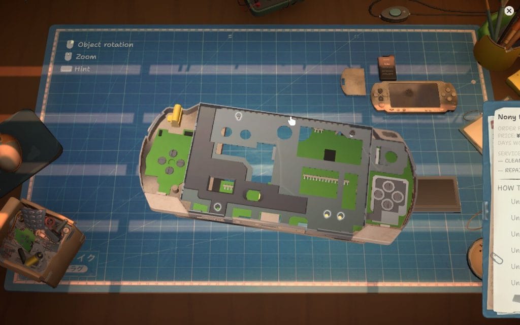 A screenshot of ReStory: Chill Electronics Repair showing the inside circuit board of a "Nony PMP" which is a reference to the Sony PSP. This is in a game diary about if ReStory is a good cozy game.