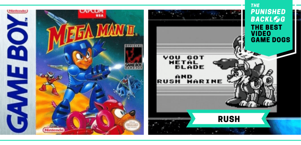 The Best Video Game Dogs: Rush from Mega Man II. This composite graphic shows the cover art of the game and a black-and-white vintage screenshot of a metal super hero astronaut with a robot dog. In the upper right corner, there is a teal banner with the logo for The Punished Backlog and text that shares the list title "The Best Video Game Dogs."