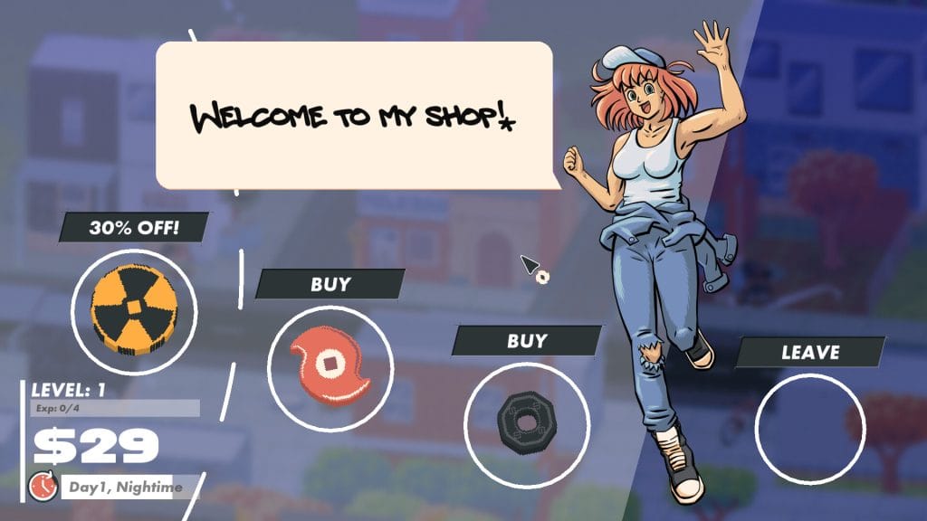 Slayblade review - photo of an in-game shop, complete with various top parts to buy and a red-haired shopkeeper saying "Welcome to my shop!"