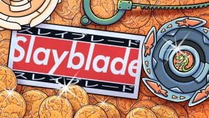 Slayblade Review: promotional art showing the game's title next to one of its titular slayblades
