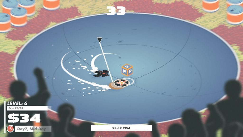Slayblade review - picture of two sladeblades dueling it out in the arena, with a powerup block in play