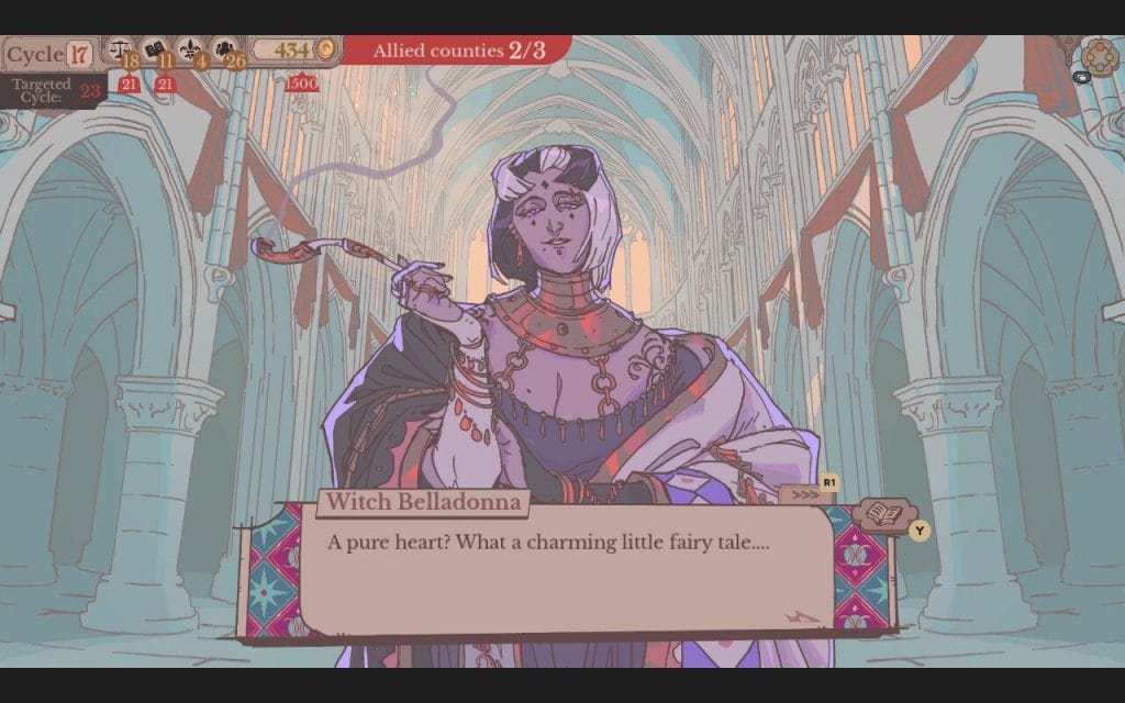 Sovereign Tower: Screenshot - A beautiful purple-tinged woman called the Witch Belladonna approaches the player and says, "A pure heart? What a charming little fairytale..." This is part of a review for Sovereign Tower, a new indie visual novel with kingdom and knight management features.
