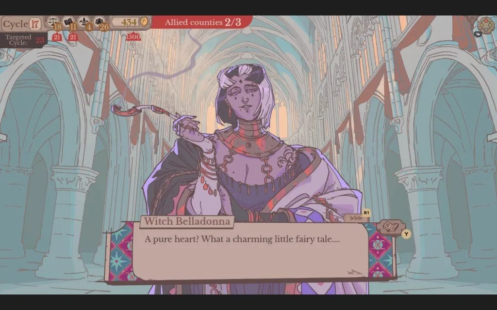 Sovereign Tower: Screenshot -  A beautiful purple-tinged woman called the Witch Belladonna approaches the player and says, "A pure heart? What a charming little fairytale..." This is part of a review for Sovereign Tower, a new indie visual novel with kingdom and knight management features.