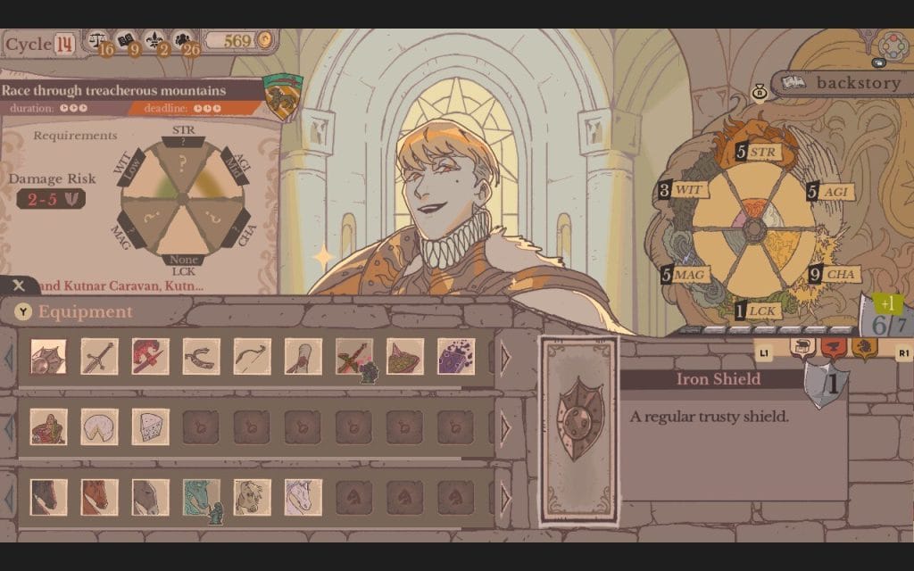 Sovereign Tower: Screenshot - A close-up of the knight management screen, showing the inventory menu and a blonde knight along with qualities like Charisma and Magic. This is part of a review for Sovereign Tower, a new indie visual novel with kingdom and knight management features.