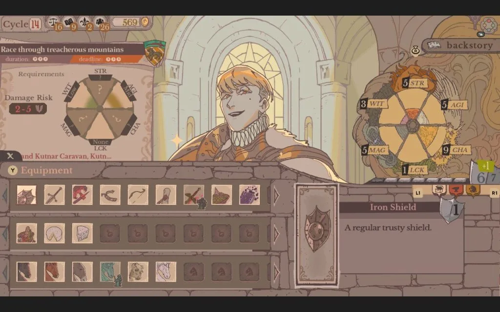 Sovereign Tower: Screenshot -  A close-up of the knight management screen, showing the inventory menu and a blonde knight along with qualities like Charisma and Magic. This is part of a review for Sovereign Tower, a new indie visual novel with kingdom and knight management features.