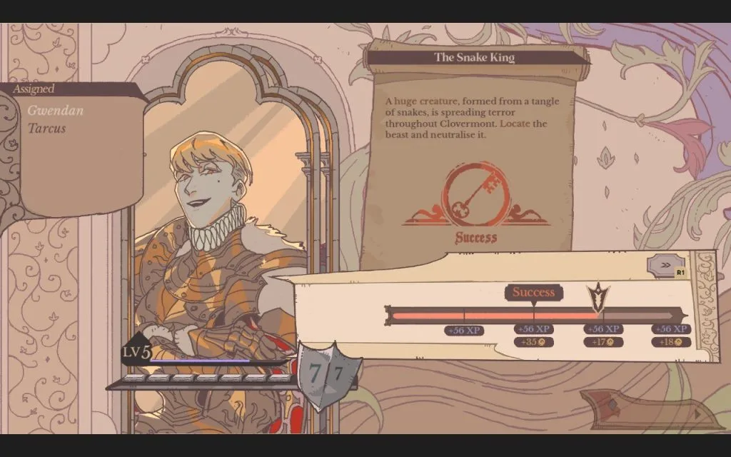 Sovereign Tower: Screenshot - A blonde knight smiles during a successful quest result after hunting The Snake King. This is part of a review for Sovereign Tower, a new indie visual novel with kingdom and knight management features.