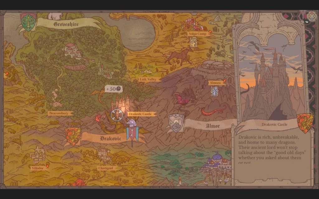 Sovereign Tower: Screenshot - A medieval map in the style of an old illuminated manuscript. The cursor hovers on "Drakovic Castle" which reads, "Drakovic is rich, unbreakable, and home to many dragons. Their ancient lord won't stop talking about the 'good oled days' whether you asked about them or not." This is part of a review for Sovereign Tower, a new indie visual novel with kingdom and knight management features.