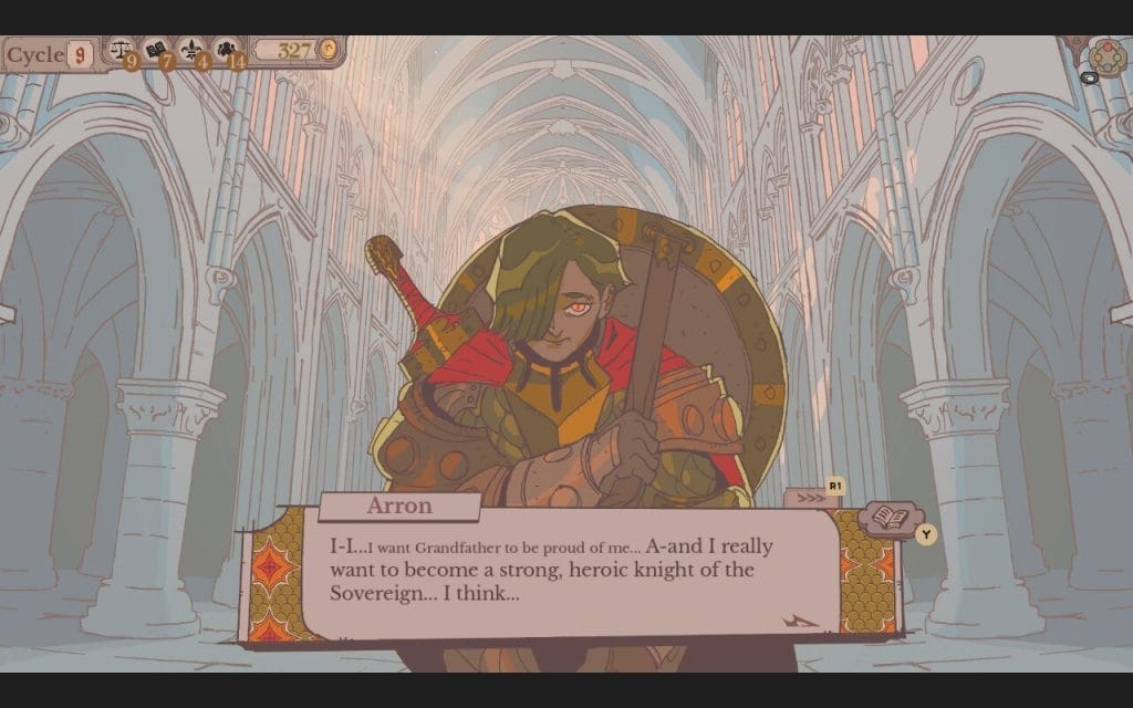 Sovereign Tower: Screenshot - Arron, a timid young man, approaches the player in the court and says, "I-I...I want grandfather to be proud of me. A-and I really want to become a strong, heroic knight of the Sovereign...I think..." This is part of a review for Sovereign Tower, a new indie visual novel with kingdom and knight management features.