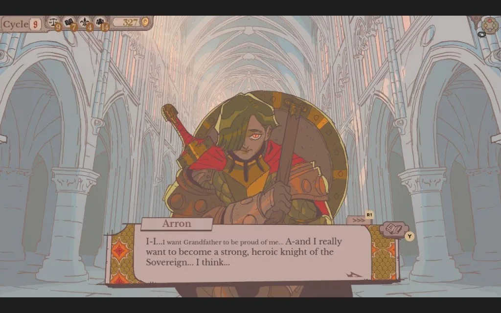 Sovereign Tower: Screenshot - Arron, a timid young man, approaches the player in the court and says, "I-I...I want grandfather to be proud of me. A-and I really want to become a strong, heroic knight of the Sovereign...I think..." This is part of a review for Sovereign Tower, a new indie visual novel with kingdom and knight management features.