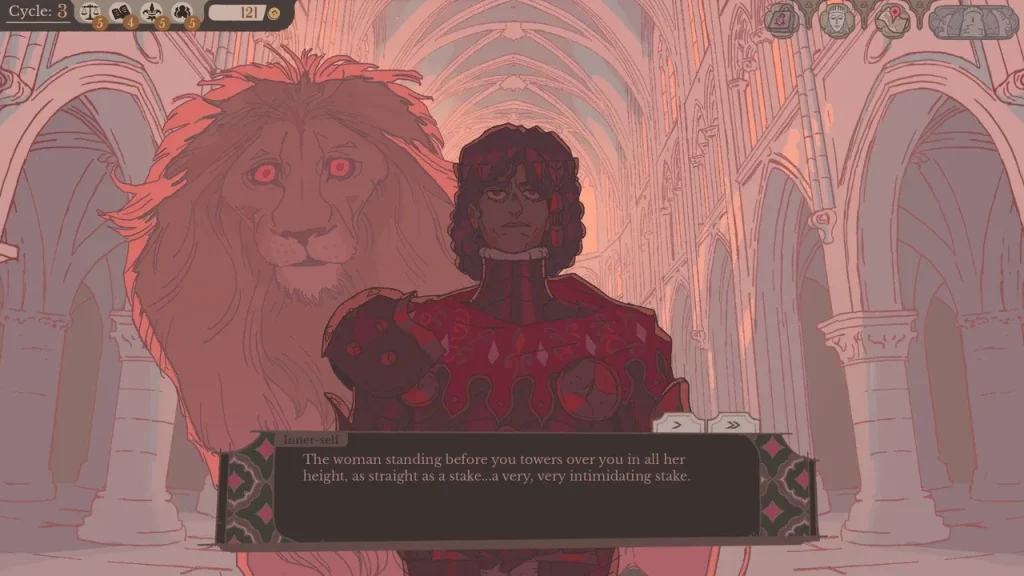 Sovereign Tower: Screenshot - Shows a dark-skinned woman with red hair with a lion behind her. The narrator reflects, "The woman standing before you towers over you in all her height, as straight as a stake...a very, very intimidating stake." This is part of a review for Sovereign Tower, a new indie visual novel with kingdom and knight management features.