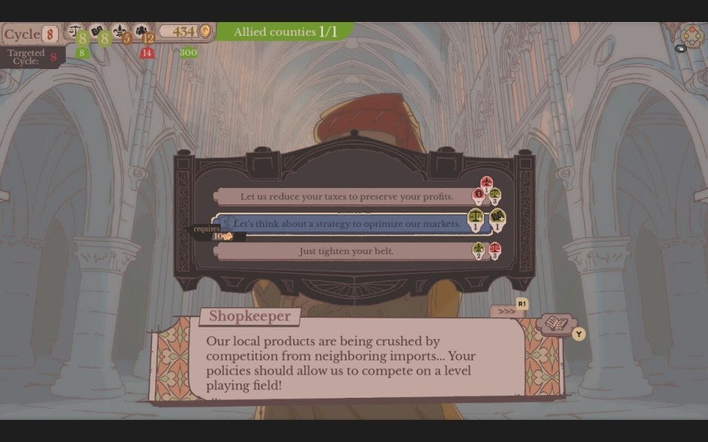 Sovereign Tower: Screenshot - A Shopkeeper asks for help and the decision to choose between handling an economic situation. Each option makes some factions happier and others less so. Their ancient lord won't stop talking about the 'good oled days' whether you asked about them or not." This is part of a review for Sovereign Tower, a new indie visual novel with kingdom and knight management features.