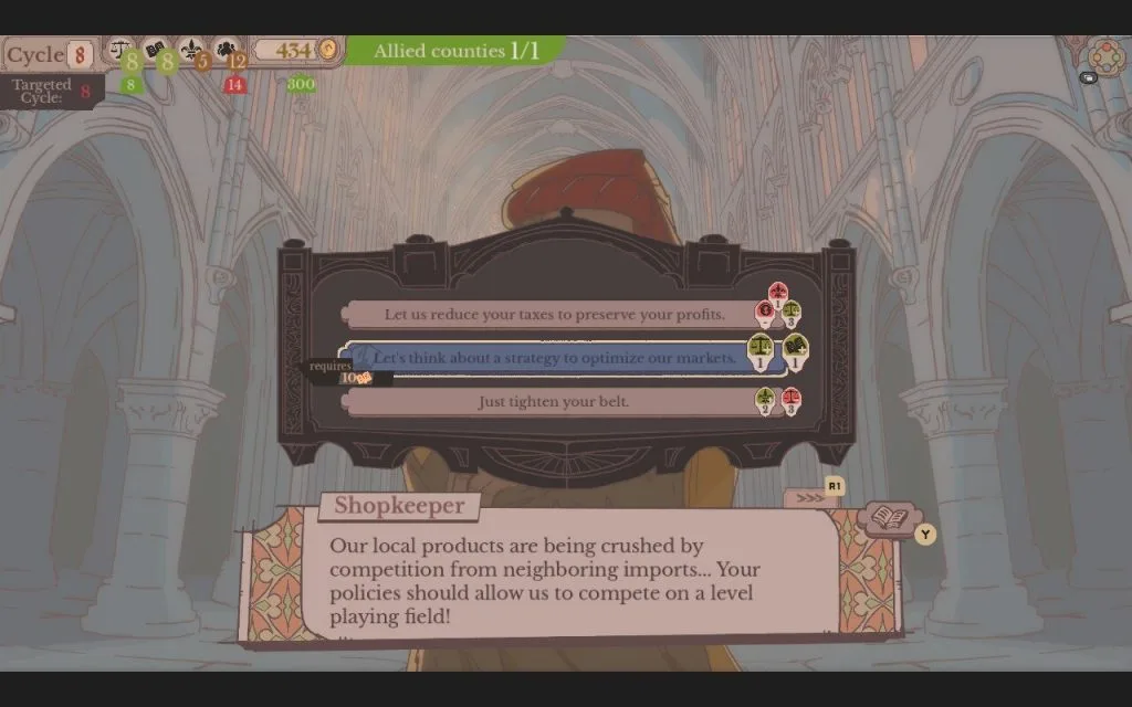 Sovereign Tower: Screenshot - A Shopkeeper asks for help and the decision to choose between handling an economic situation. Each option makes some factions happier and others less so. Their ancient lord won't stop talking about the 'good oled days' whether you asked about them or not." This is part of a review for Sovereign Tower, a new indie visual novel with kingdom and knight management features.