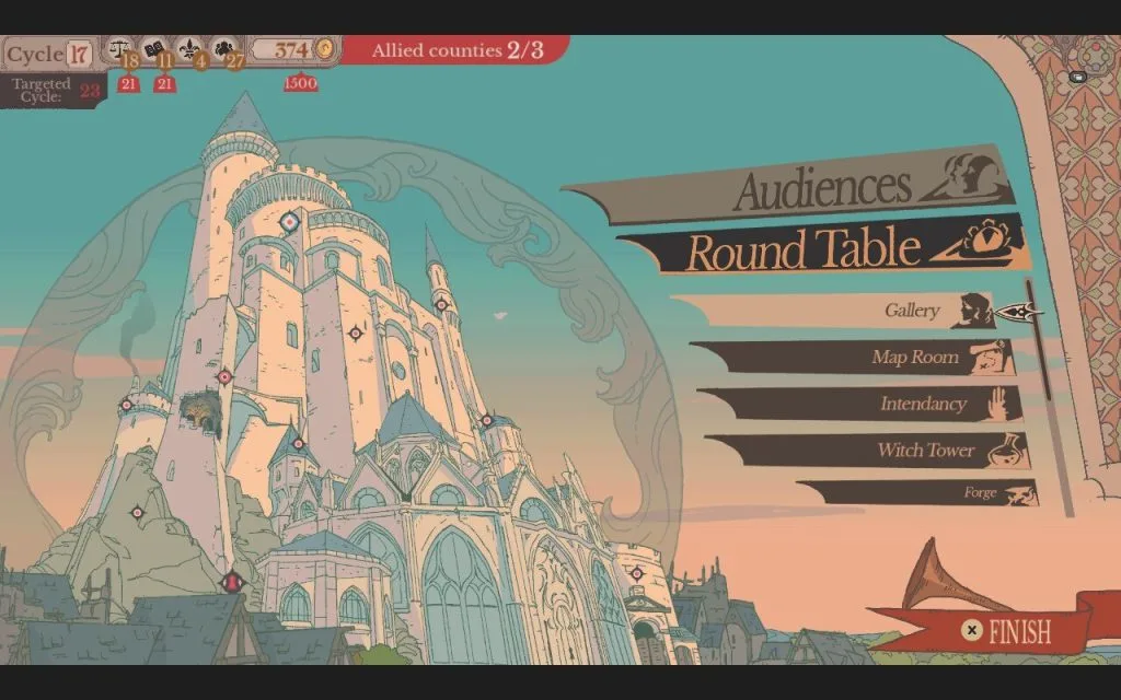 Sovereign Tower: Screenshot -  A white castle in front of a blue sky with a menu of things to choose from like Audiences, Round Table, Witch Tower, and Forge. This is part of a review for Sovereign Tower, a new indie visual novel with kingdom and knight management features.